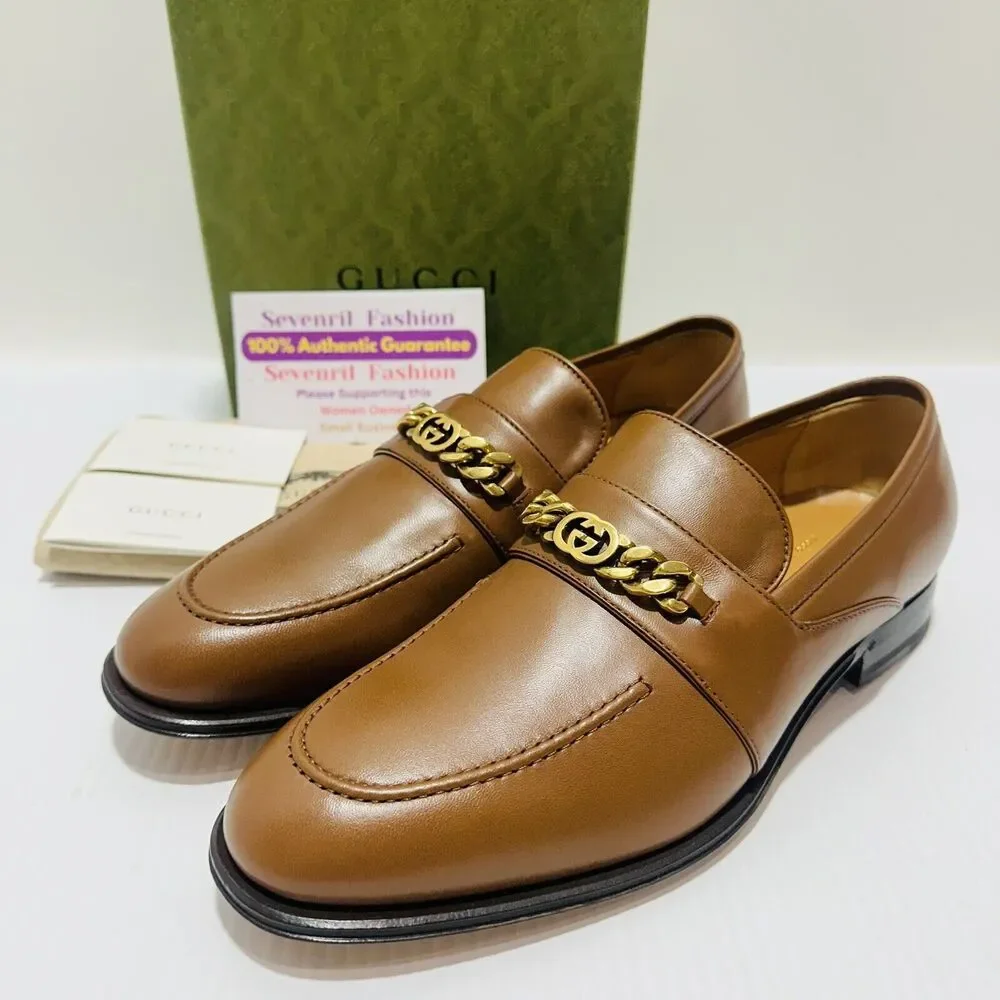 Gucci Chain Interlocking GG 9.5/ US 10 Loafer Brown Italian Leather Shoe NIB